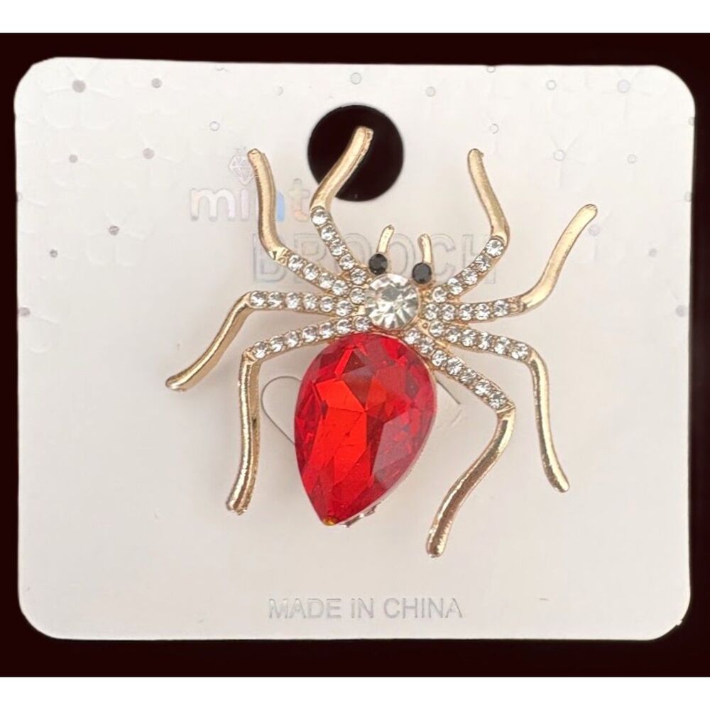 Gold Tone RED Rhinestone Spider Brooch - Picture 3 of 6